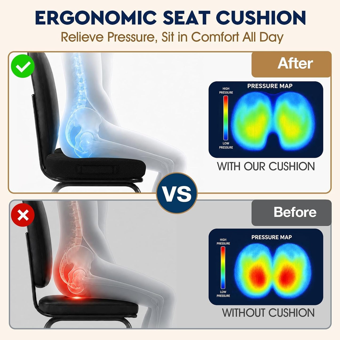 TushGuard Seat Cushion - Memory Foam Sitting Pillow for Office Chair, Car Seat, Airplane, Bleacher - Sciatica & Hip & Coccyx Pain Relief Desk Chair Cushion for Long Sitting Office Workers, Car Drivers