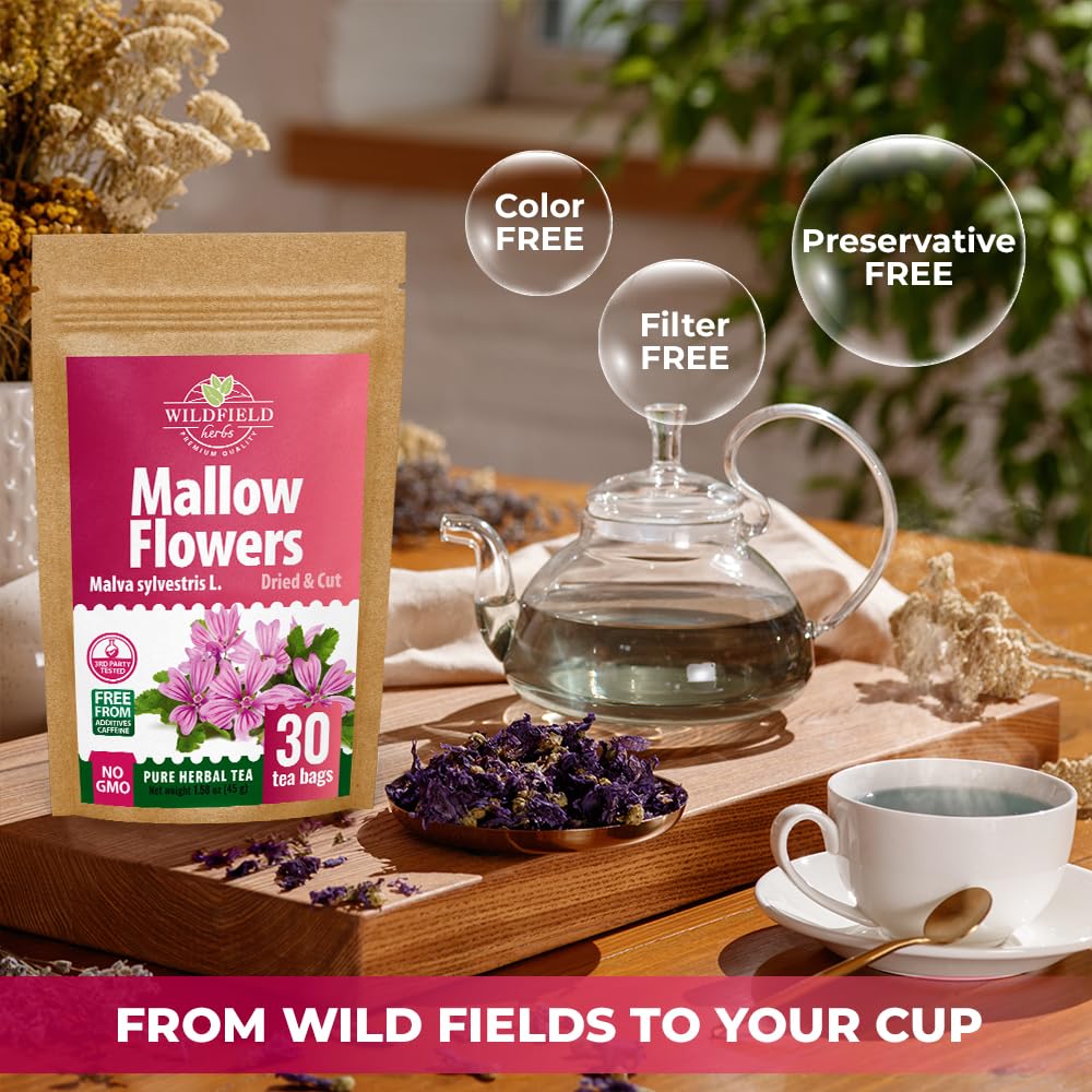 30 Bags Mallow Flowers Herbal Tea (Malva Sylvestris) - 30 Count 1.5g Bags Dried Mallow Flower Herb Tea