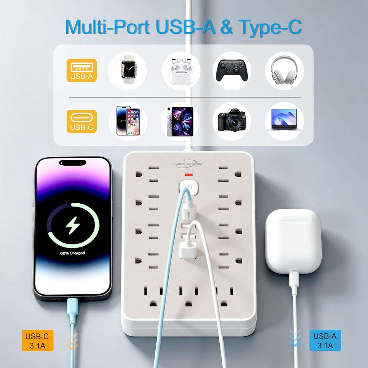 6 FT Flat Plug Surge Protector Power Strip,11 AC Outlets with 6 USB Ports