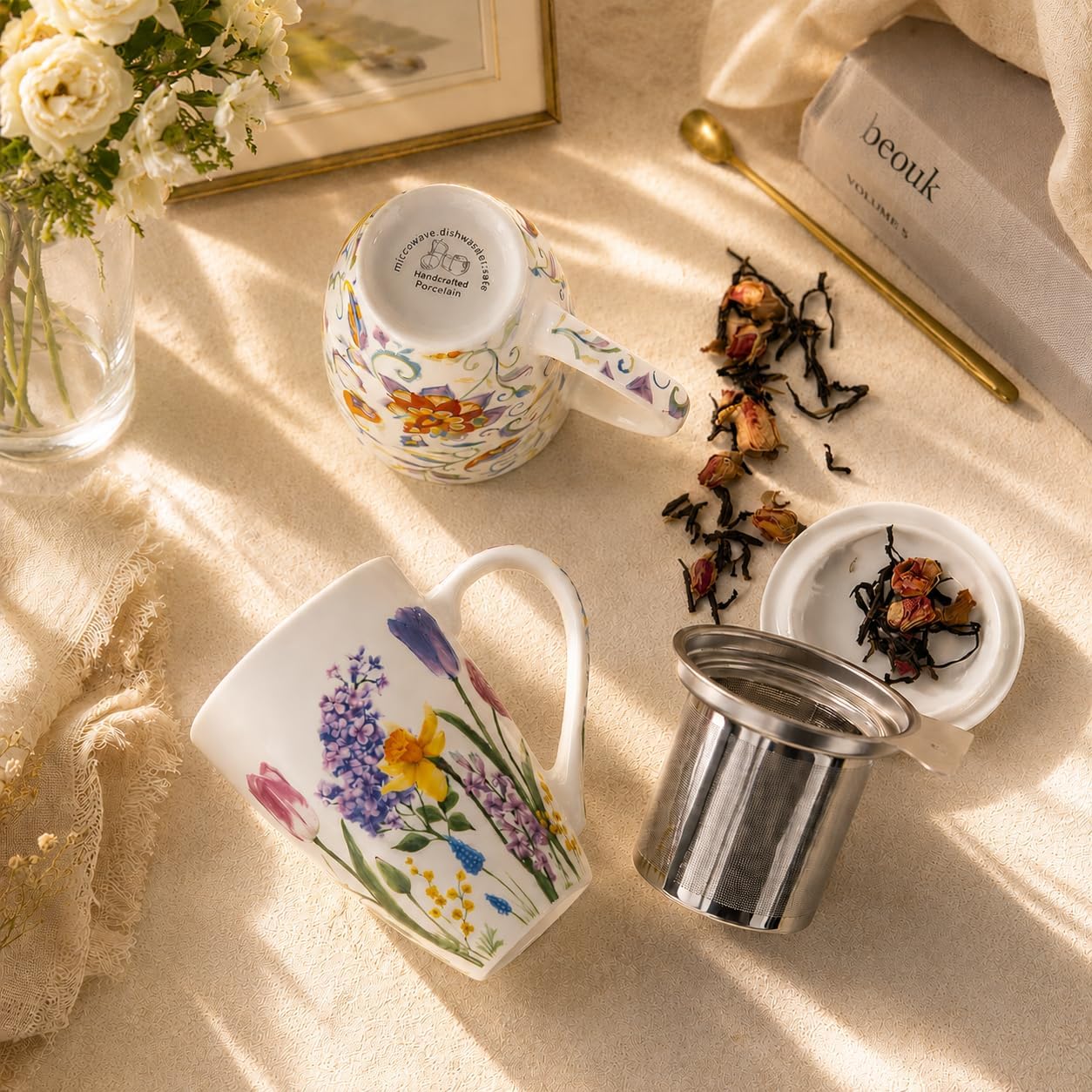 GBhome Tea Mug with Infuser and Lid, 18 Ounce Large Ceramic Loose Leaf Cup, Microwave, Dishwasher Safe, Perfect for Tea Lovers
