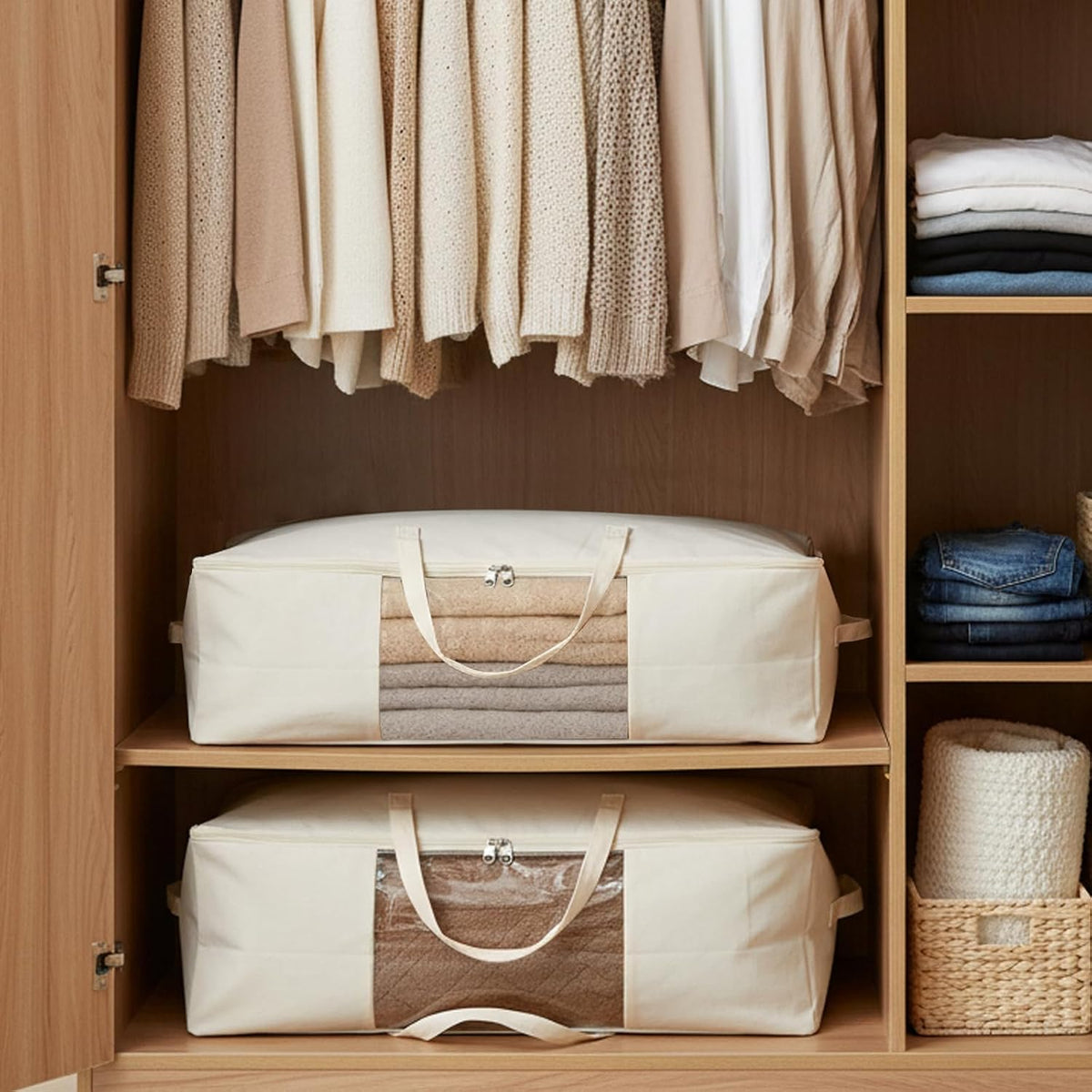 Comforter Storage Bags 70L Canvas Closet Organizer Clothes Container