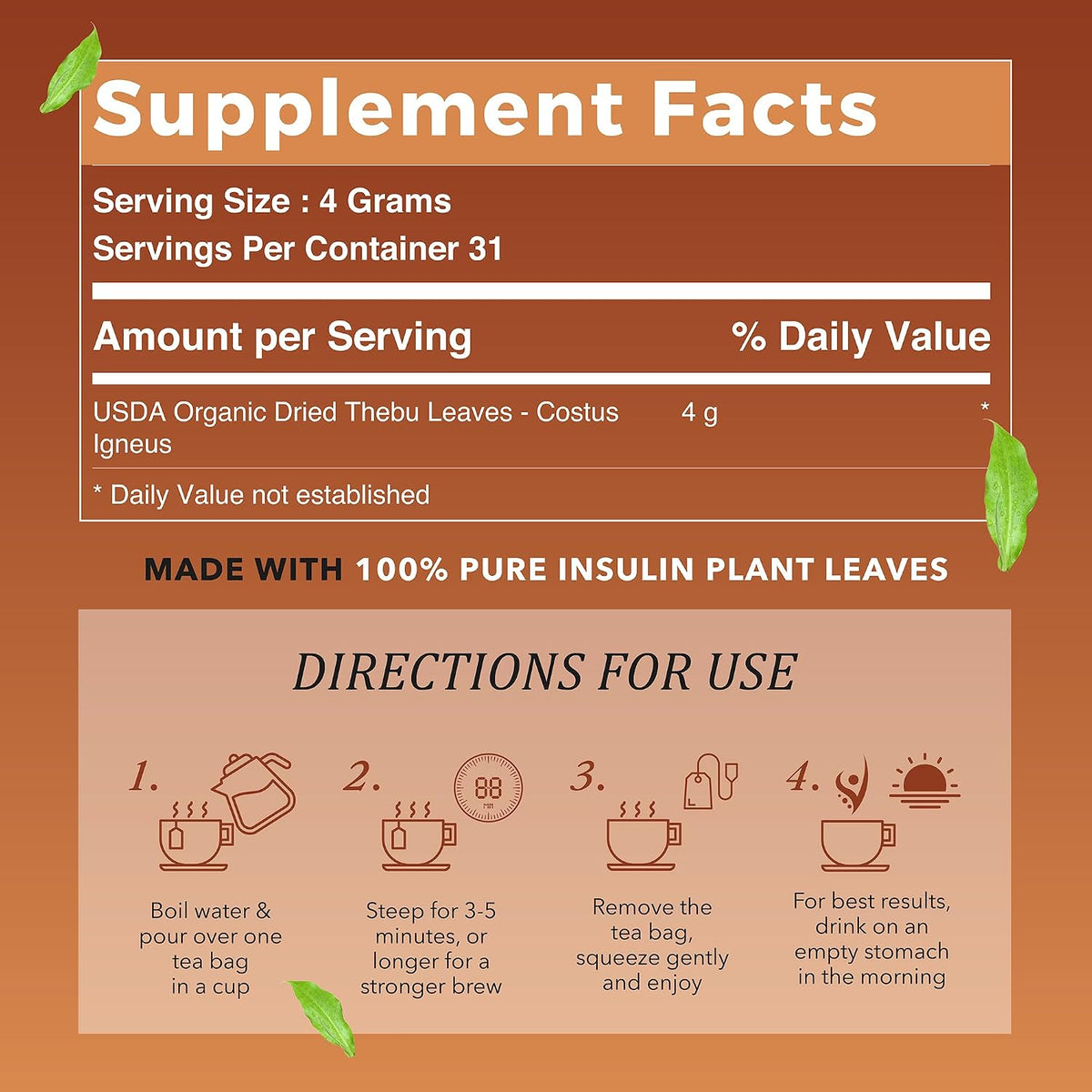 Insulin Plant Tea — USDA Organic Herbal Tea Bags (31 Sachets, 4g Each)