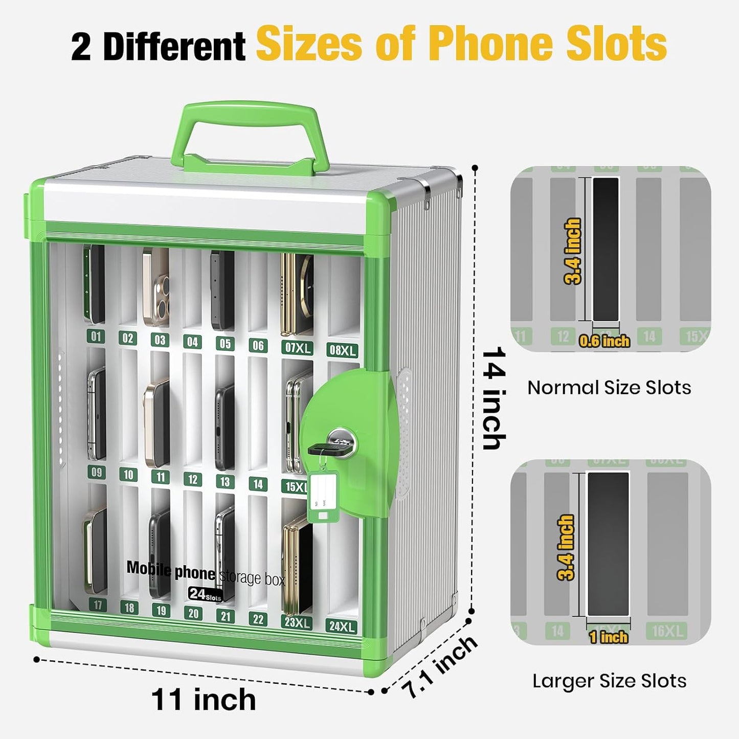 Glosen 24 Slots Cell Phone Locker, Portable Phone Storage Cabinet [Wall Mounted] [Aluminum Alloy] Cellphone Lock Box with Key & Handle for School Classroom Office Exam (Black)