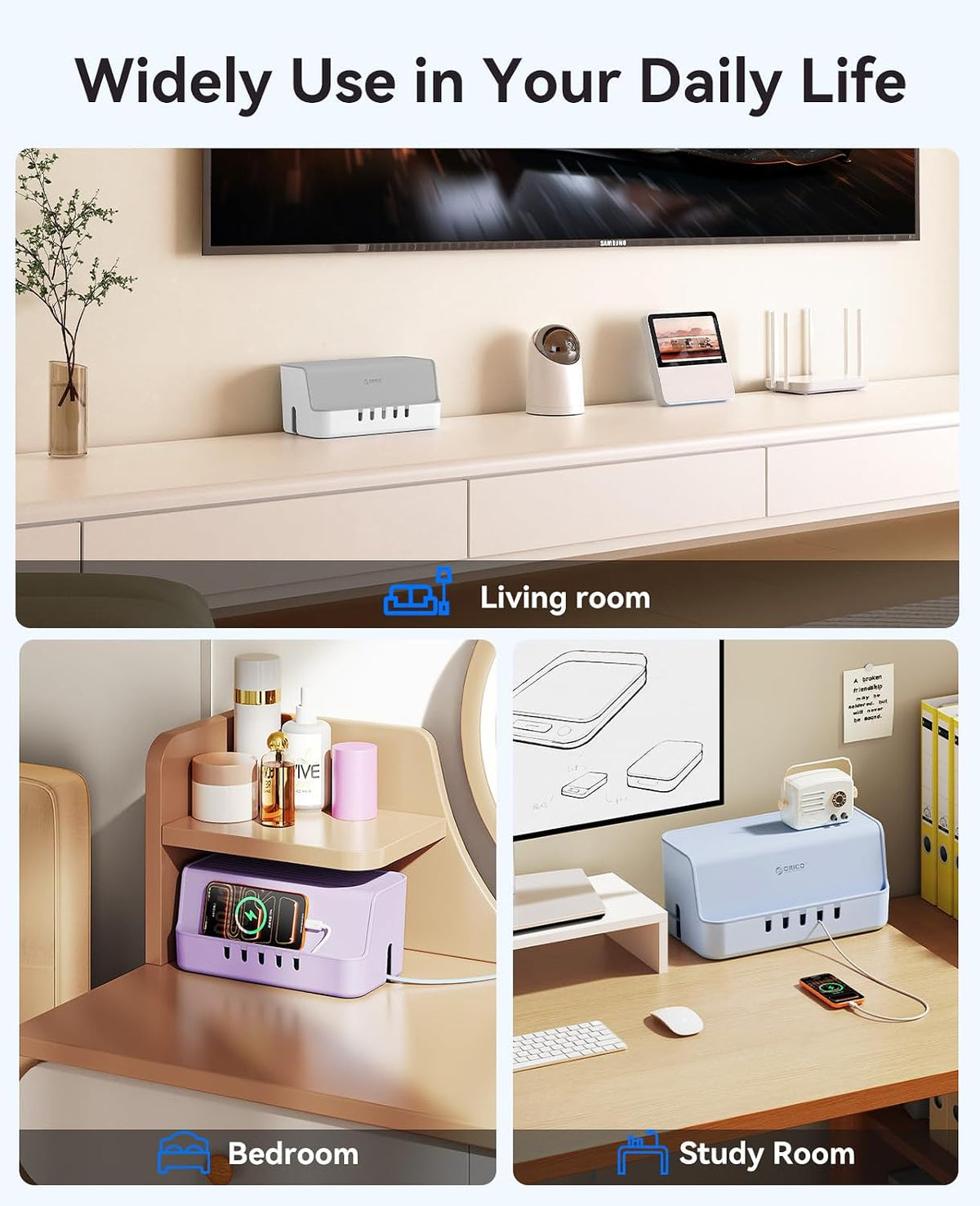 ORICO Cable Management Box with Phone Stand Lid, Large Cord Organizer Case for Hiding Power Strips & Surge Protectors, Heat Dissipation Desktop Wire Hider for Home, Office, School - PB02