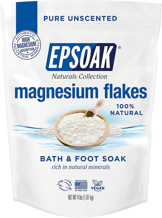 Epsoak Magnesium Flakes 4 lb. Magnesium Sulfate USP. Resealable Epsom Salt Bag Unscented, Made in The USA, Cruelty-Free Certified