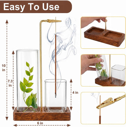 2 in 1 Upside Down Incense Holder Wooden Glass Burner Ash Catcher & Storage