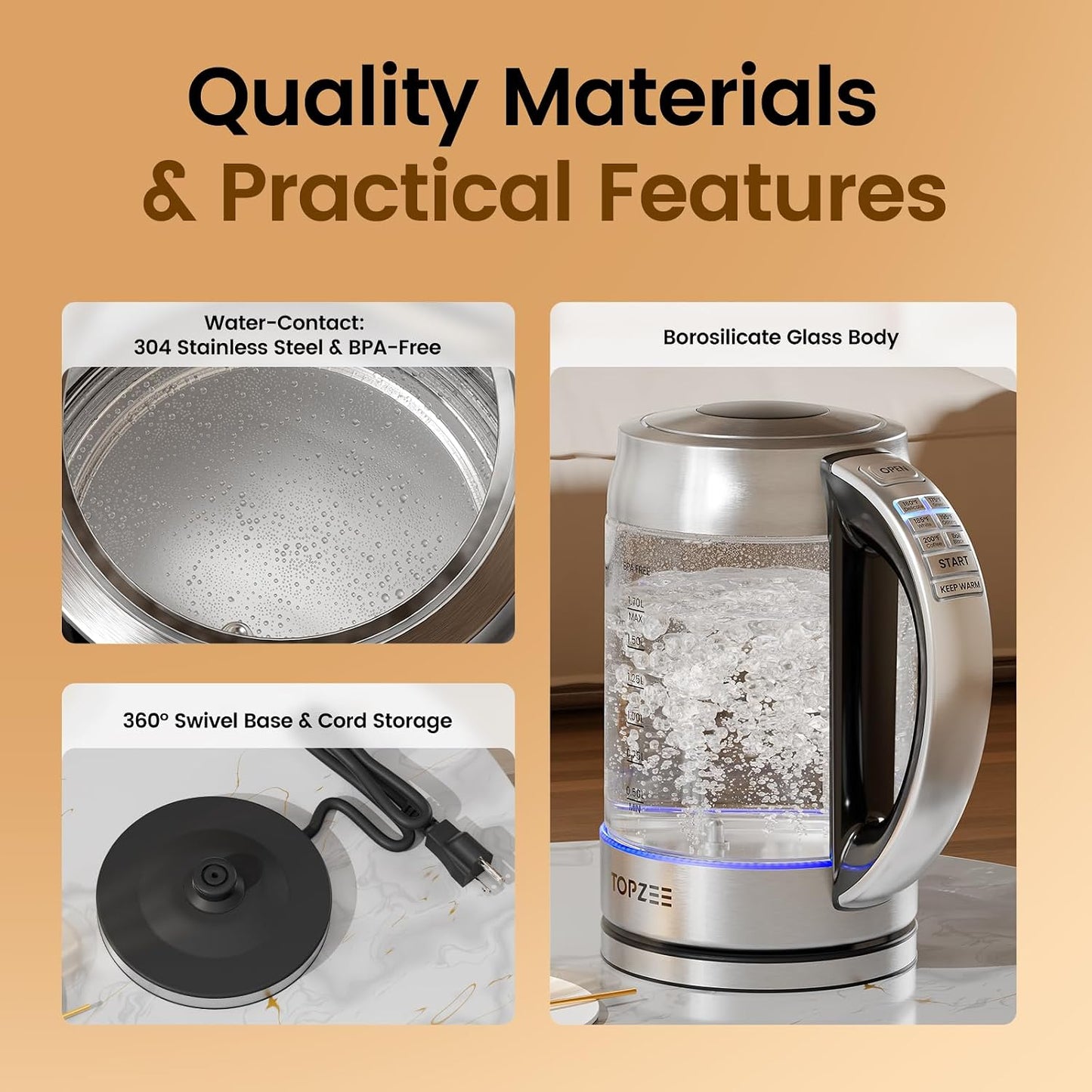TOPZEE 1.7L Glass Electric Kettle for Coffee & Tea, Hot Water Boiler with 6 Preset Temperatures, Keep Warm and Memory Function, Auto Shut-off & Dry Boil Protection, BPA Free, Rapid Boil, 1500W, Silver