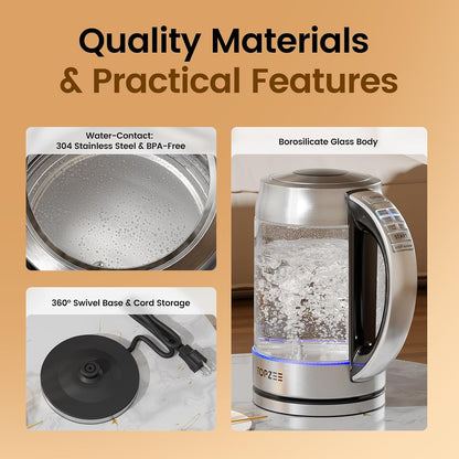 TOPZEE 1.7L Glass Electric Kettle for Coffee & Tea, Hot Water Boiler with 6 Preset Temperatures, Keep Warm and Memory Function, Auto Shut-off & Dry Boil Protection, BPA Free, Rapid Boil, 1500W, Silver