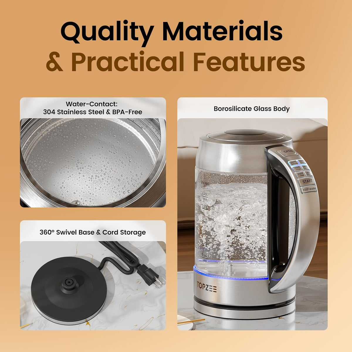 TOPZEE 1.7L Glass Electric Kettle for Coffee & Tea, Hot Water Boiler with 6 Preset Temperatures, Keep Warm and Memory Function, Auto Shut-off & Dry Boil Protection, BPA Free, Rapid Boil, 1500W, Silver