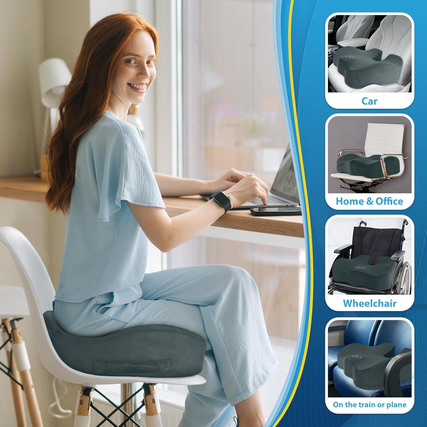 BlissTrends Seat Cushion with Velvet Cover, Thick Memory Foam Cushions for Office Chair, Car Seat, Airplane, Relieving Pressure Tailbone Sciatica Back Pain for Long Sitting, Car Drivers 4.7in Black