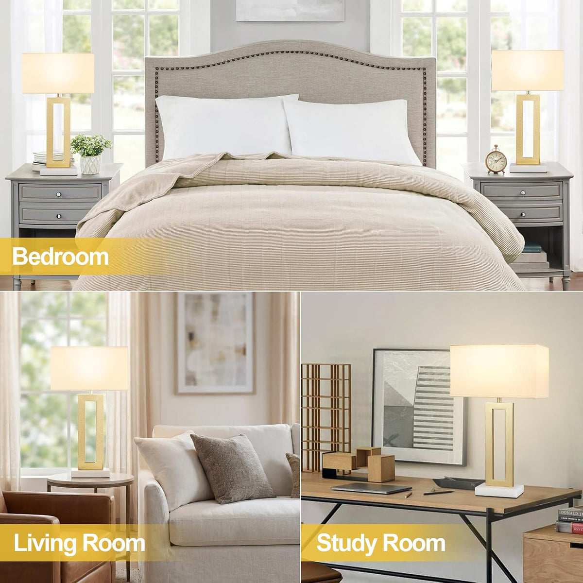 Gold Table Lamps Set of 2, 16.4" Bedside Lamps for Nightstand with USB C+A