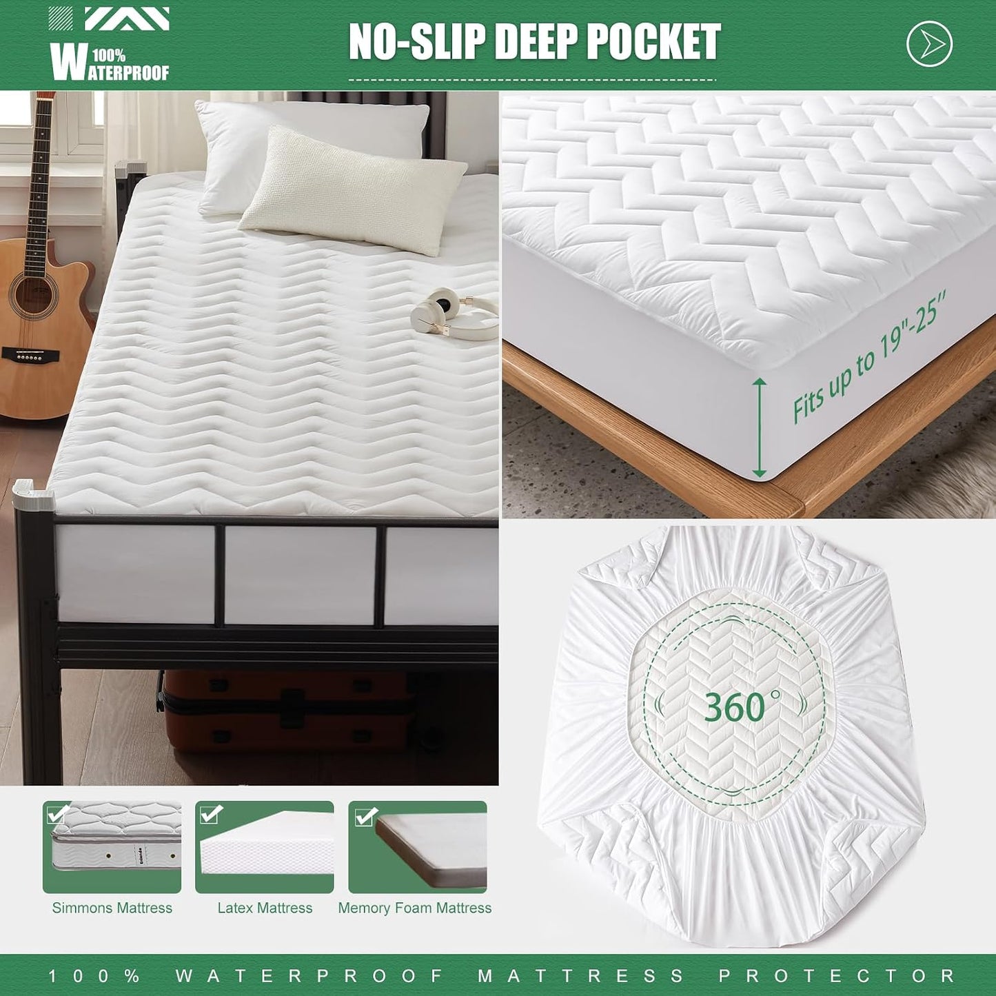 UNILIBRA Queen Mattress Protector Waterproof, Deep Pocket Mattress Pad Cover Fits to 6''-21'', Breathable Hollow Cotton Filling Quilted Mattress Protector for Queen Size