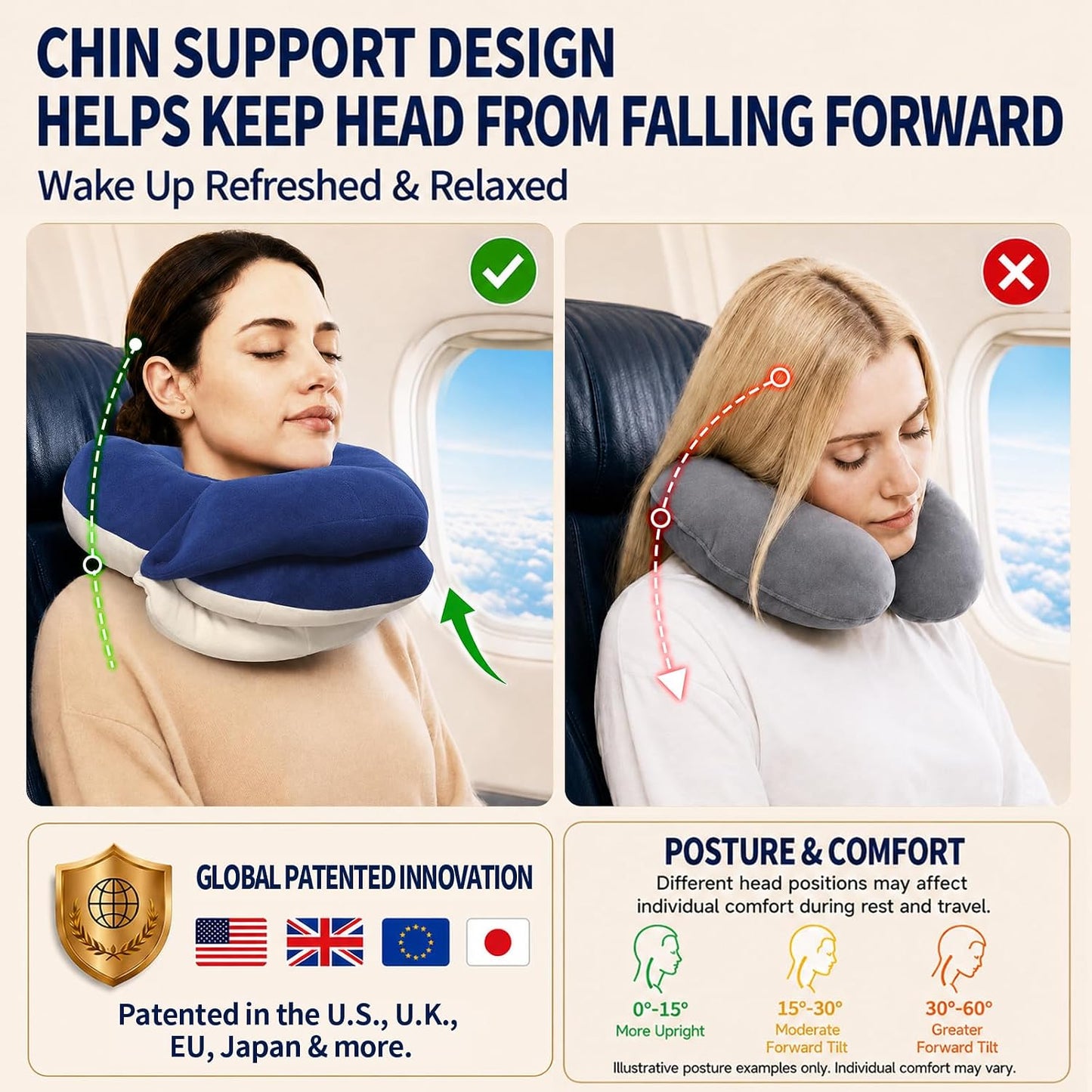 BUYUE Travel Neck Pillows for Airplanes, Memory Foam 360° Head Support Sleep for Long Flight, Skin-Friendly & Breathable, Kit with Eye Mask, Earplugs and Storage Bag (Adult, Grey, 90+ lbs)