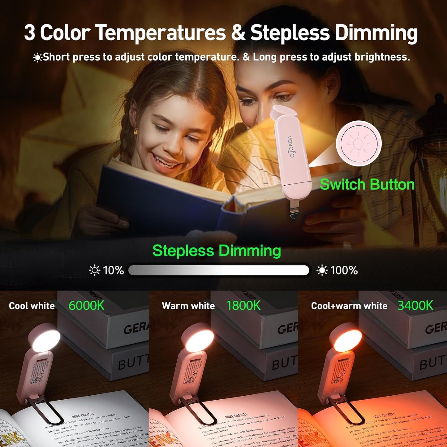 VAVOFO USB Rechargeable Book Light, Blue Light Blocking, Amber Clip-On Bookmark Shaped Reading Light, Eye Care 6 LEDs With 9 Lighting Modes for Bookworms (Grey)