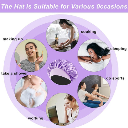 4PCS Silk Satin Bonnets for Black Women & Men - Elastic Wide Band Hair Wrap Cap for Curly Hair - Shower Cap for Sleeping (Black, Peacock Blue, Pink, Khaki)