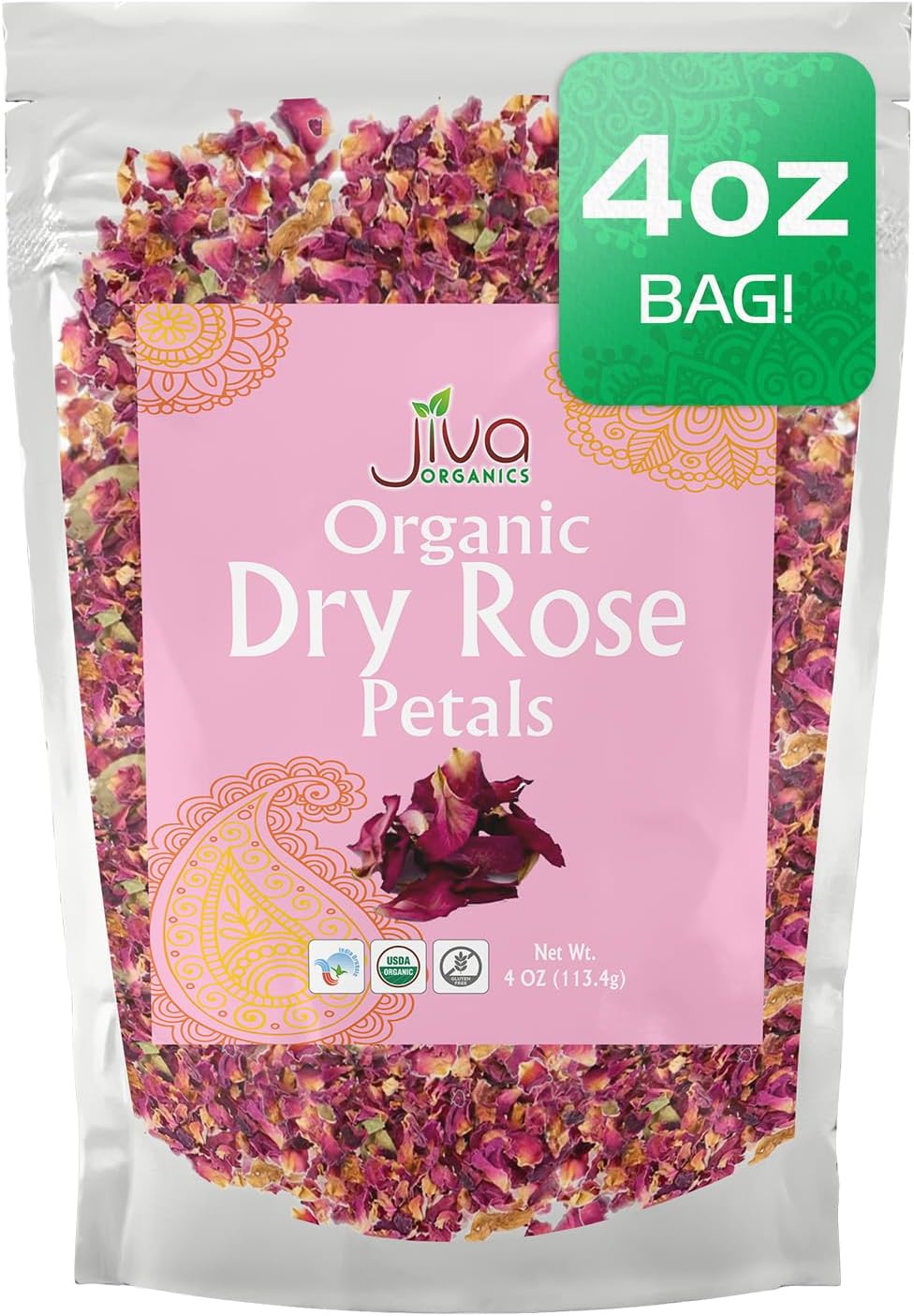 Jiva Organics Dried Red Rose Petals 4 Oz Bag - Non-GMO, USDA Organic, Food Grade, Edible Flowers - Use in Tea, Baking, Making Rose Water, Crafting, Wedding Confetti