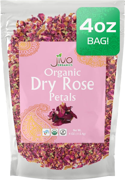 Jiva Organics Dried Red Rose Petals 4 Oz Bag - Non-GMO, USDA Organic, Food Grade, Edible Flowers - Use in Tea, Baking, Making Rose Water, Crafting, Wedding Confetti