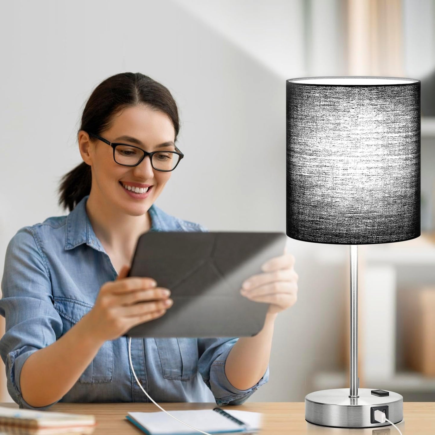 Set of 2 Touch Control Table Lamps with 2 USB & AC Outlet, 3-Way Dimmable Bedside Nightstand Lamps for Bedroom Living Room Nursery, 800 Lumens 5000K Daylight Bulbs Included