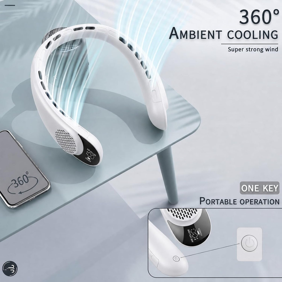 ASNUG Neck Fan, USB Rechargeable Personal Fan, 4000 mAh Battery Operated, 3 Speeds Adjustable, Faster Cooling, Ultra Quiet, Suitable for Home, Office, Travel, Sports