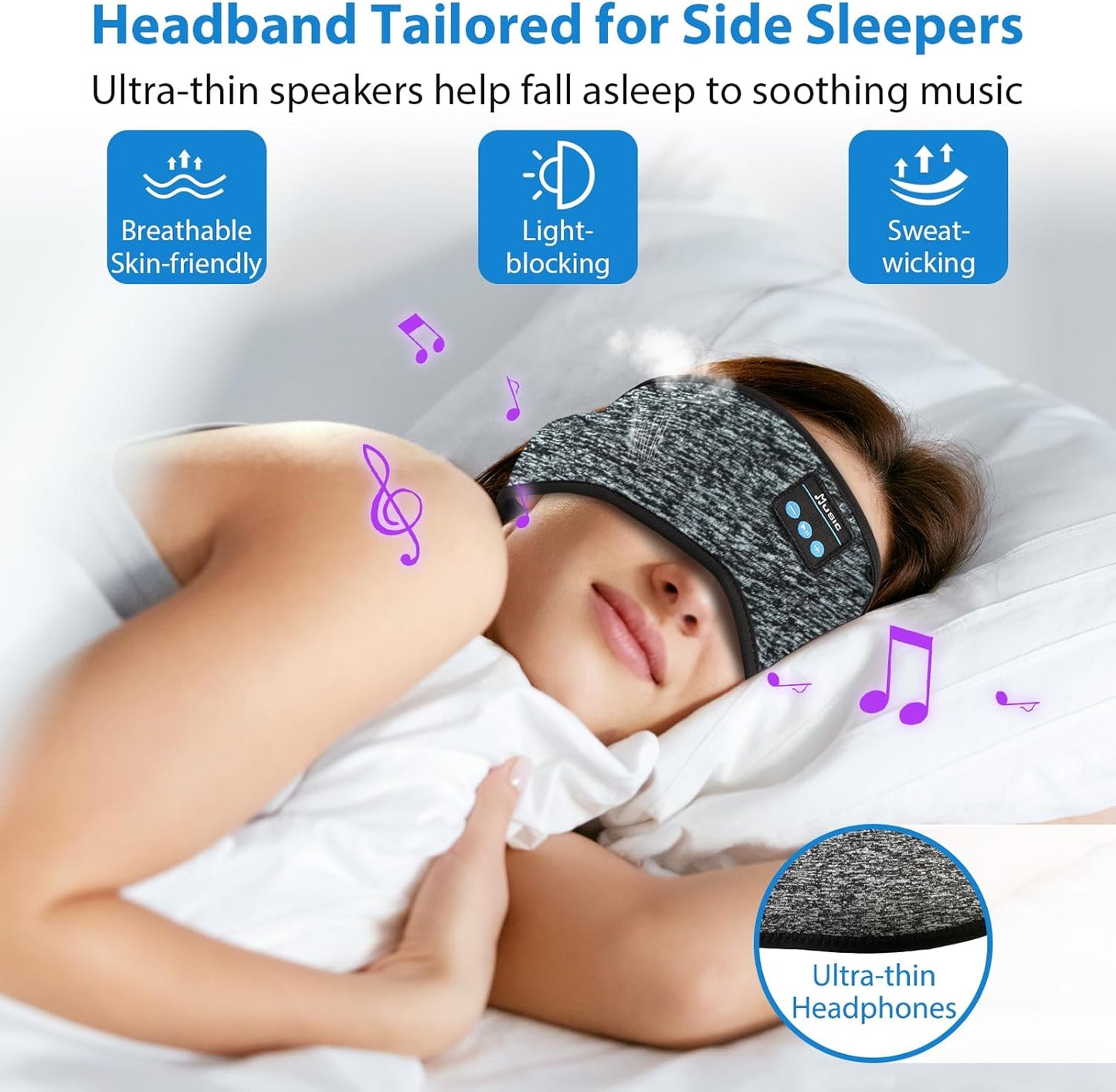 Adjustable Headband Headphones, Sleeping Headphones with Ultra-Thin Speakers, Bluetooth Headband for Side Sleepers, Yoga, Running, Workout, Travel-Grey