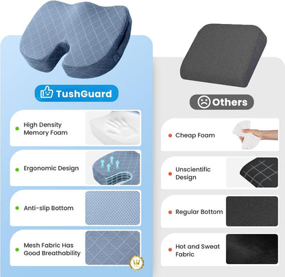 TushGuard Seat Cushion - Memory Foam Sitting Pillow for Office Chair, Car Seat, Airplane, Bleacher - Sciatica & Hip & Coccyx Pain Relief Desk Chair Cushion for Long Sitting Office Workers, Car Drivers