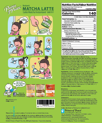 Prince of Peace 3 in 1 Matcha Latte Instant Beverage, 24 Sachets – Made with Matcha Powder from Japan - Instant Hot or Cold Beverage – Easy to Brew – Rich and Creamy Taste – Just Add Water