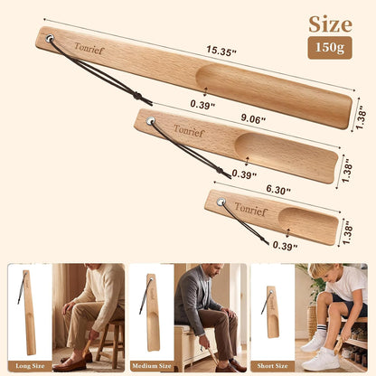 Wooden Shoe Horns Long Handle, Solid Wood Bend Resistant, 3Pack