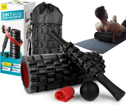 Krightlink 5 in 1 Foam Roller Set for Deep Tissue Muscle Massage, Trigger Point Fitness Exercise Foam Roller, Massage Roller, Massage Ball, Stretching Strap, for Whole Body (Orange Black)