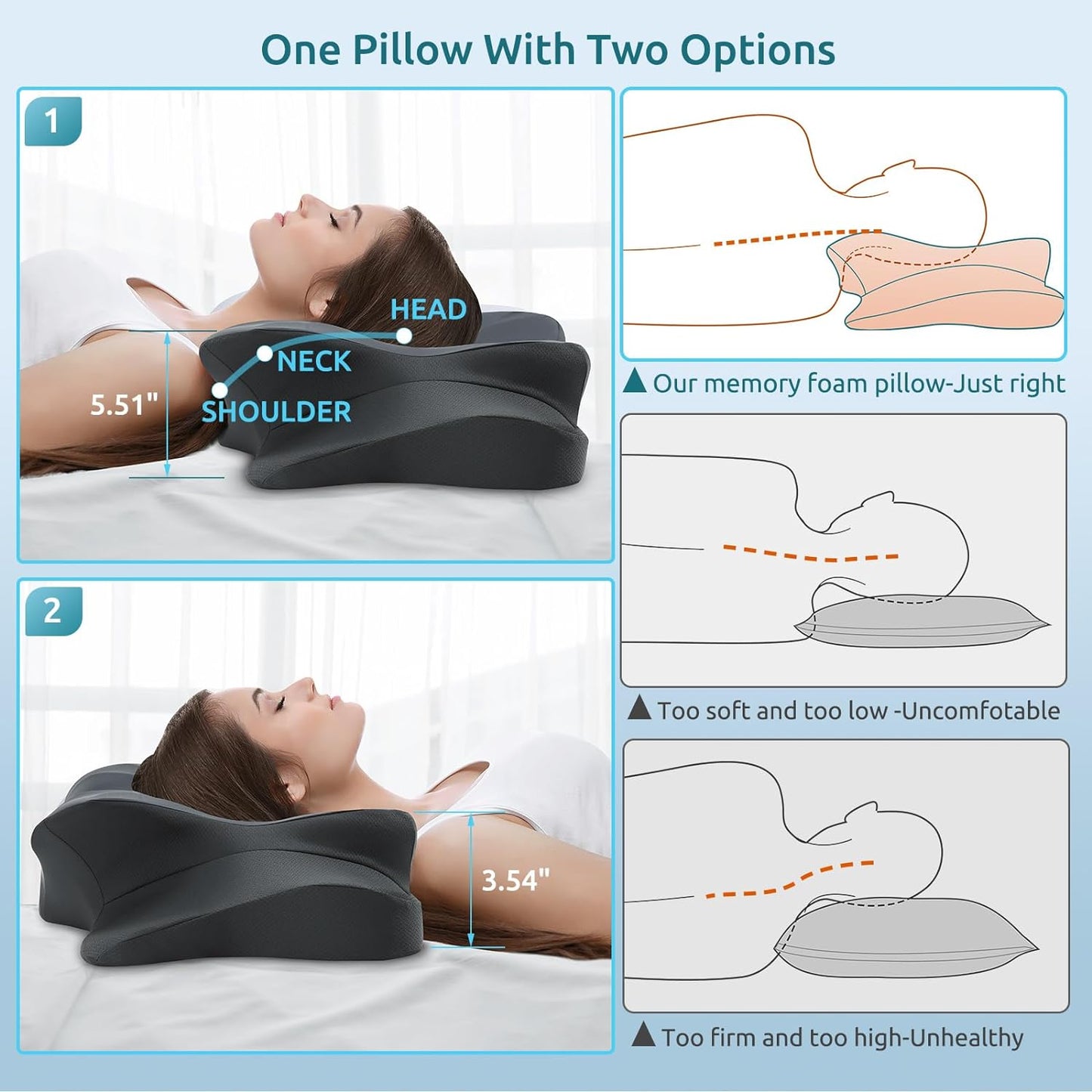 DONAMA Cervical Pillow for Neck and Shoulder,Contour Memory Foam Pillow,Ergonomic Neck Support Pillow for Side Back Stomach Sleepers with Pillowcase