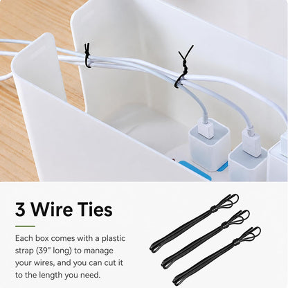 [Set of 3] 3 Cable Management Boxes + 3 Wire Ties, Large Cord Box Organizers to Hold and Hide Power Strip Charger Adapter Power Cord Charging Station USB HUB (Black)