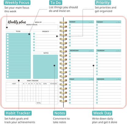 Taja Undated Weekly Planner, Weekly To Do List Notebook with Goal & Habit Tracker Organizer, A5 Weekly Planner Notebook with Spiral Binding, 6.1" x 8.2" - Green