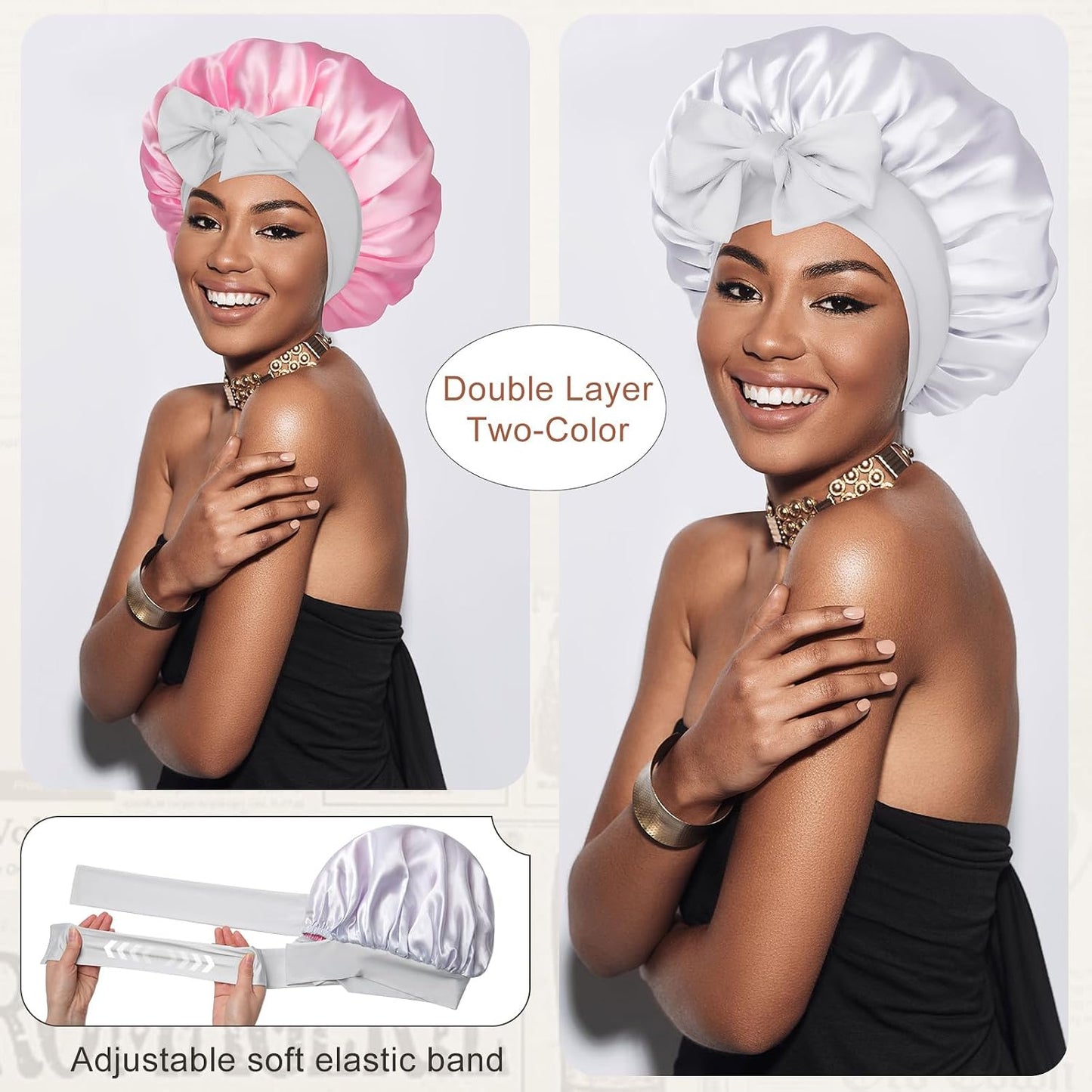 Satin Bonnet for Sleeping Cap Double Layer Hair Bonnet with Elastic Tie Band for Curly Hair Night Cap (Bean Paste + Pink)
