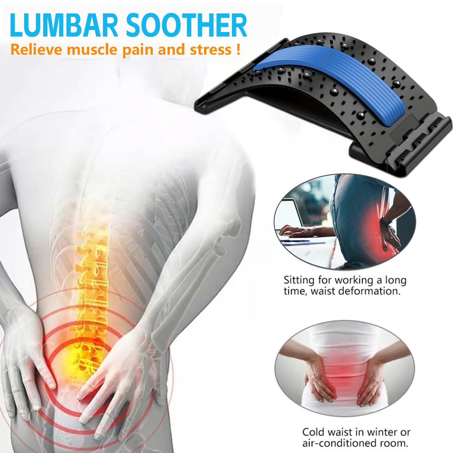 Back Stretcher - 4-Level Adjustable Lumbar Support Board & Back Cracker for Lower Back Pain Relief, Home Office Use (Blue)