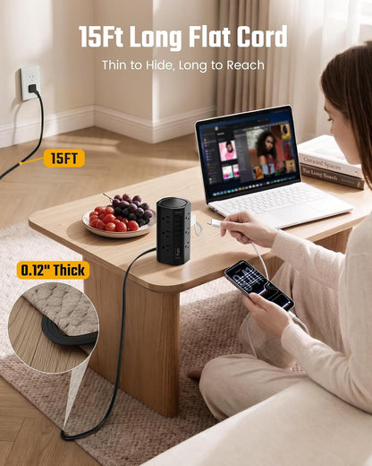10Ft Tower Power Strip, Long Extension Cord, Flat Plug, 1700J, 12 AC 5 USB