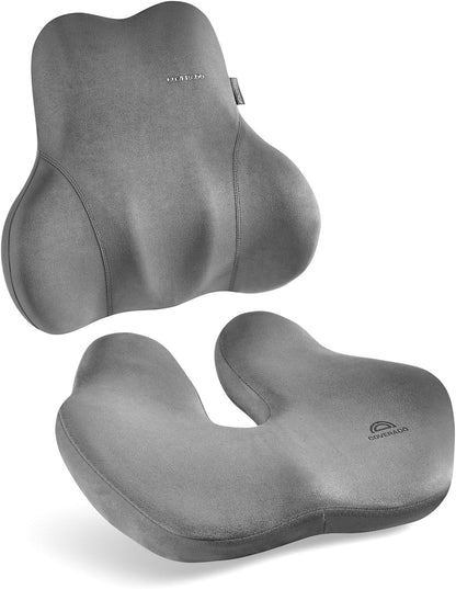 Coverado Car Lumbar Support Pillow and Car Neck Pillow Kit, Ergonomic Design Car Headrest Pillow for Driving, Relax Back Head Muscles Relieve Driving Fatigue, Breathable & Removable Cover, Gray