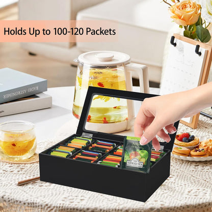 Tasybox Tea Bag Organizer, Acrylic Tea Box with Lid, Black Teabag Holder