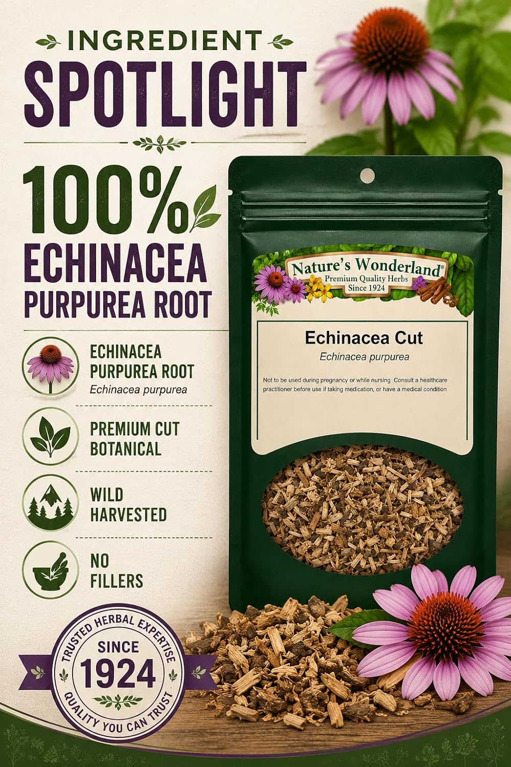 Nature's Wonderland Echinacea Purpurea Root Cut 4oz. (Echinacea purpurea) – Wild Harvested Herbal Tea Cut | Premium Botanical Ingredient | No Fillers | Herbal Tea, Decoctions & DIY Herbal Preparations