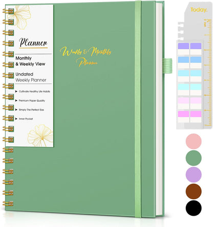 Undated Weekly and Monthly Planner, B5 Large Weekly To Do List Notebook with Goal & Habit Tracker Organizer, Hardcover Spiral Bound Blank Monthly Planner for Work School Home 7.4" x 9.64" Black