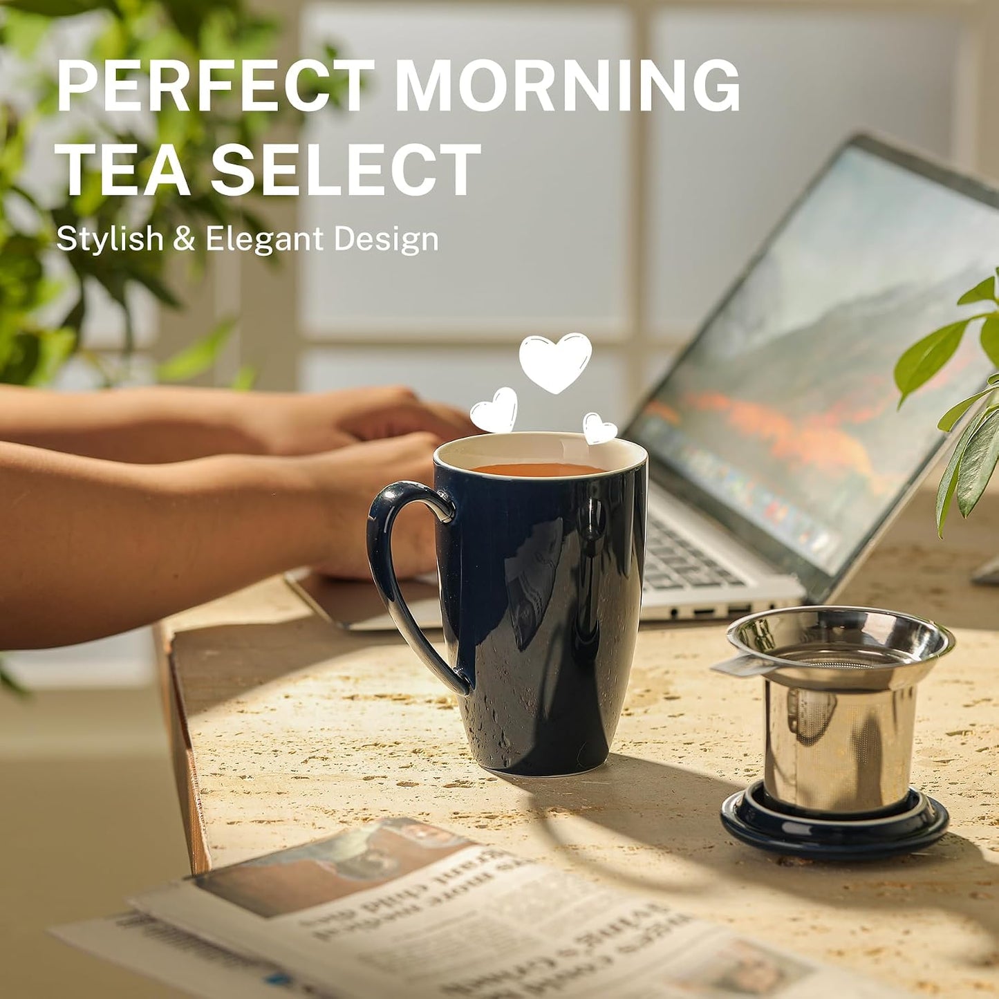 Sweese 15oz Porcelain Tea Mug with Infuser and Lid – Microwave Safe, Ergonomic Handle, Lead-Free Glaze, for Loose Leaf Tea