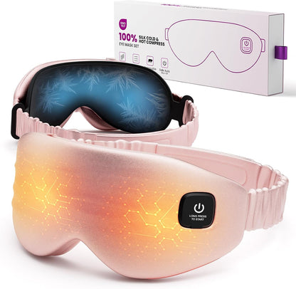 100% Silk Wireless Heated Eye Mask with Cooling, Relieves Dry Eye Syndrome and Puffy, Reduces Dark Circles, Adjustable Velcro Design and Washable Cover, Suitable for Travel & Gifts-Pink.