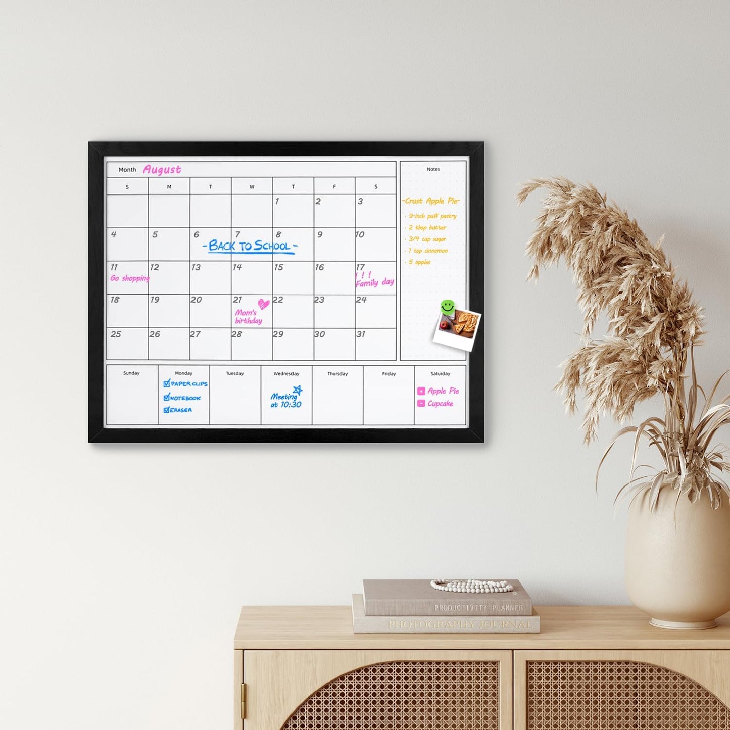 3-in-1 Dry Erase Calendar for Wall, Magnetic Surface Calendar Whiteboard | 17x13 inches Monthly & Weekly Planner Whiteboard, Dry Erase Board with Black Wood Frame, Magnetic Calendar for Classroom