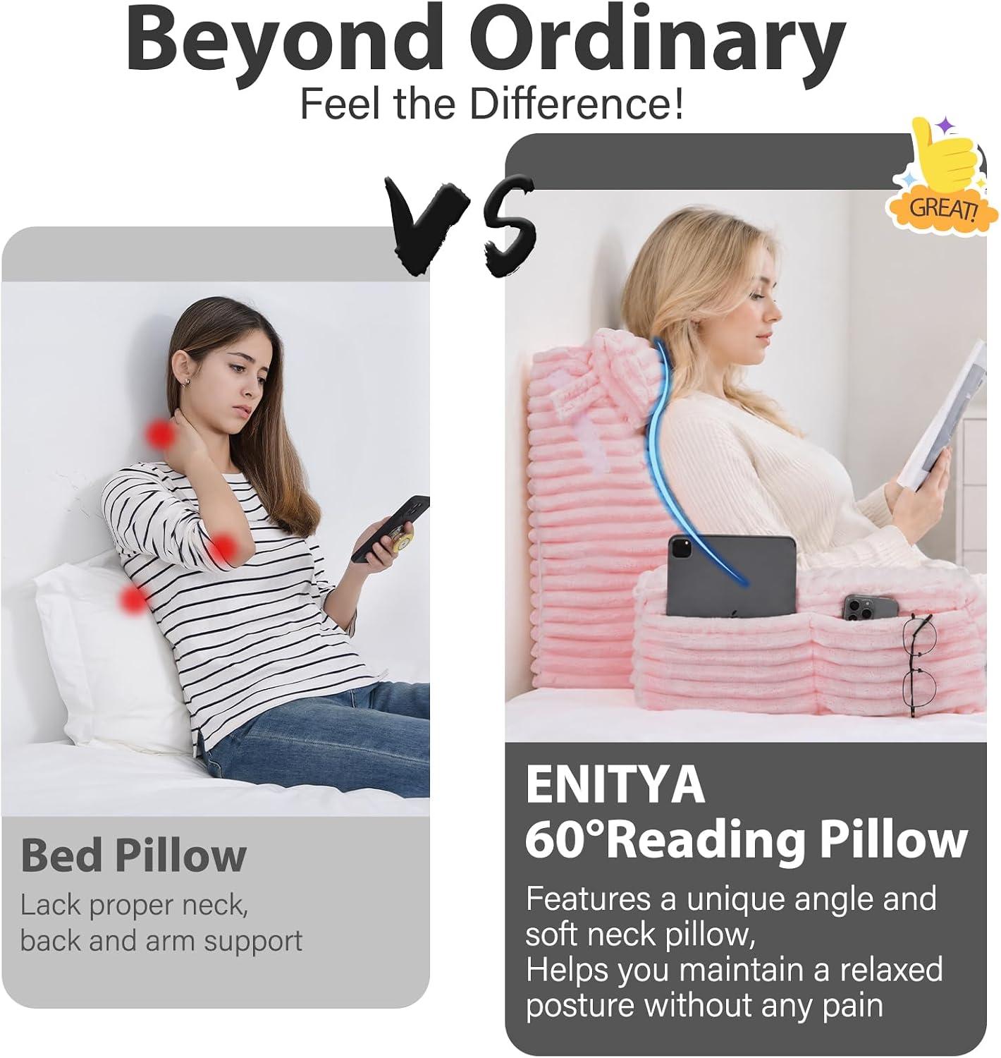 ENITYA 22" XL Back Pillow for Bed Sitting Up, Reading Pillow with Armrests & Big Pockets, Soft Back Support Chair, Ideal for Watching TV, Gaming, Nursing, Resting, Post Surgery, Dark Grey