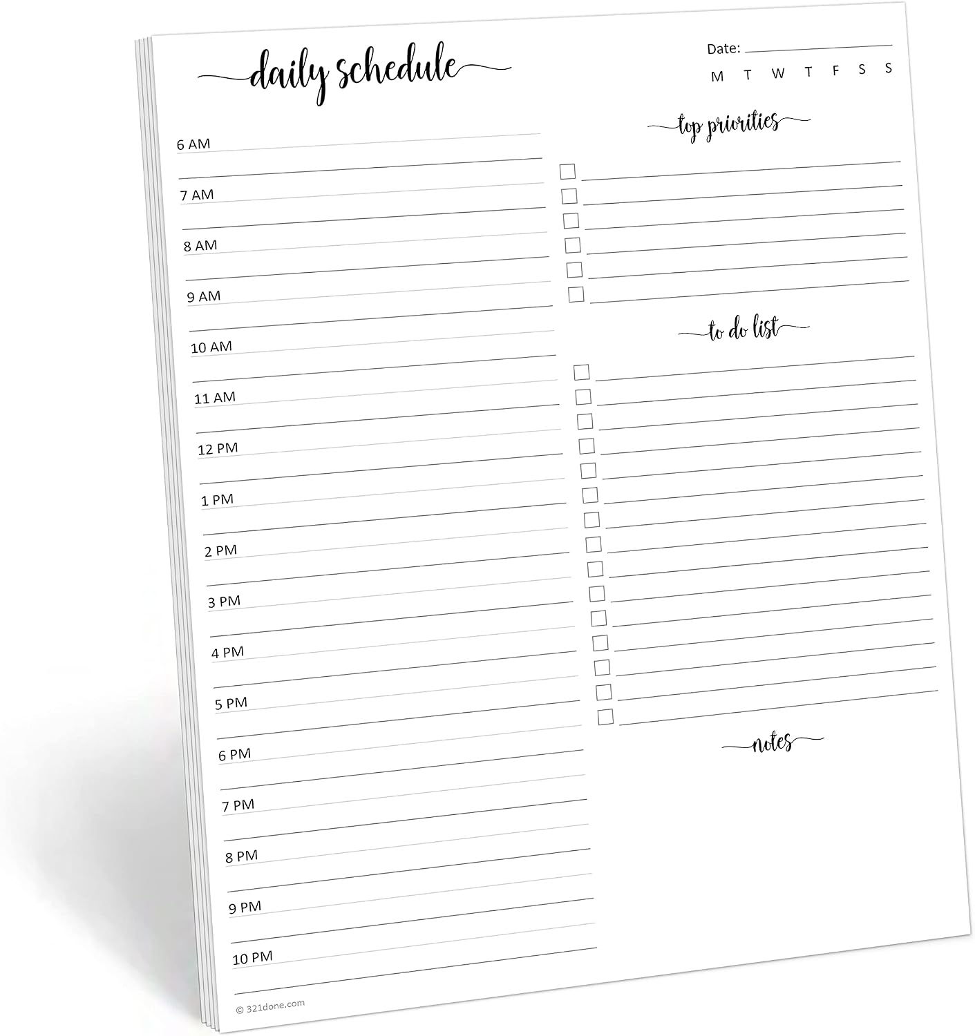 321Done Daily Schedule Planning Notepad - 5.5x8.5 Hourly Appointment Daily Planner To Do Checklist, 50 Sheets Tear-Off Note Pad - Made in USA