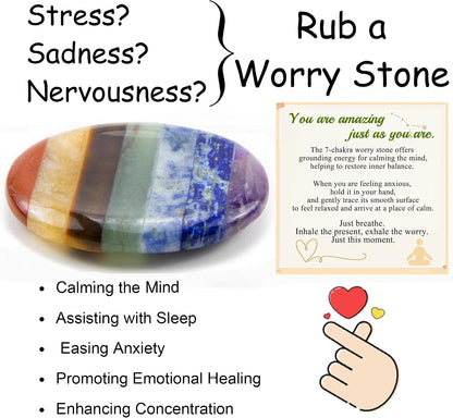 Worry Stone Crystals and Healing Stones Anxiety Fidgets Natural Meditation Accessories 7 Chakra Thumb Sensory Mental Health Depression Stress Anxiety Relief Items Mother's Day Gifts for Women