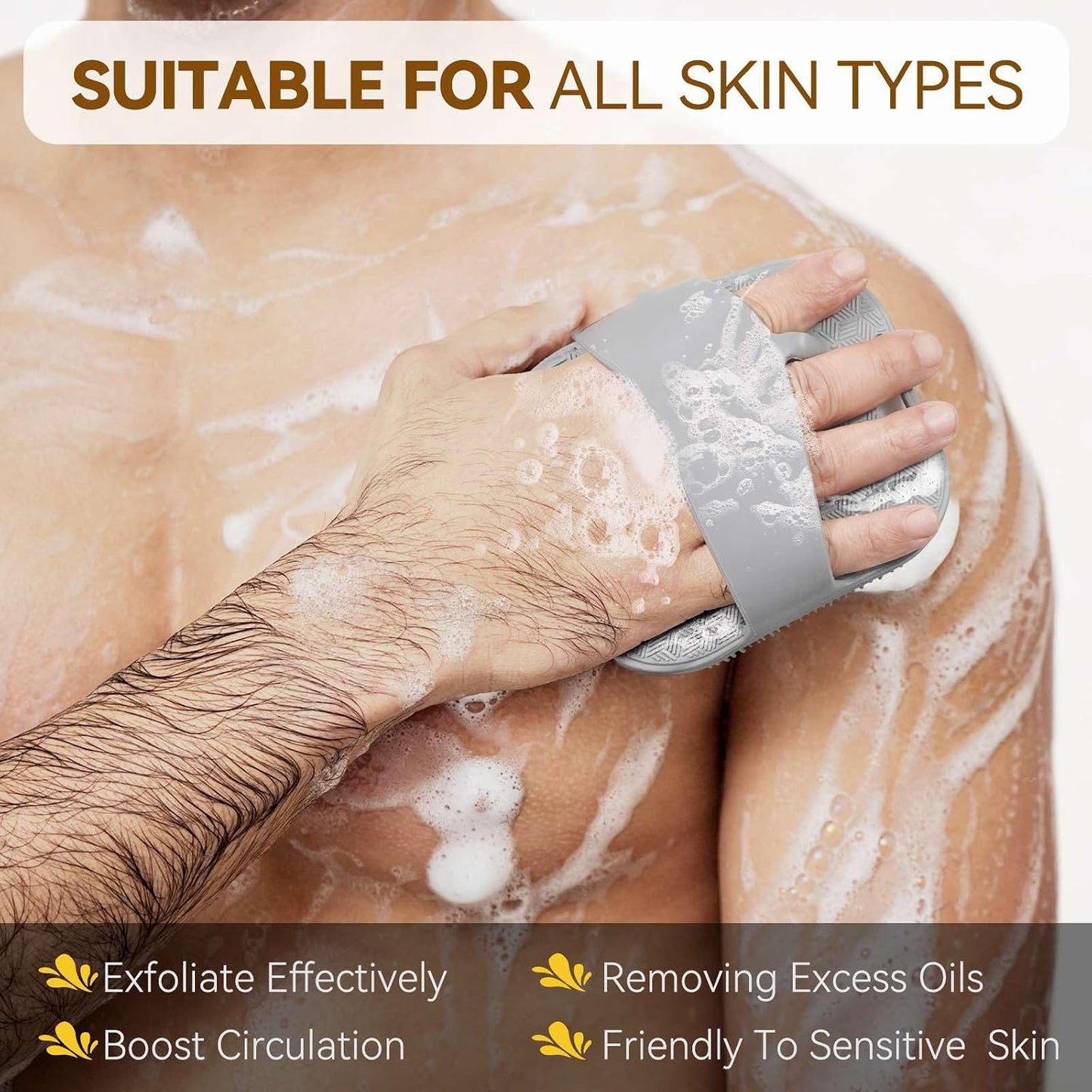 Silicone Body Scrubber for Men Women, Friendly Shower Body Scrubber for Sensitive Skin, Silicone Loofahfor Showering with Richer Foam Bristles and Anti-Slippery Handle, Gray