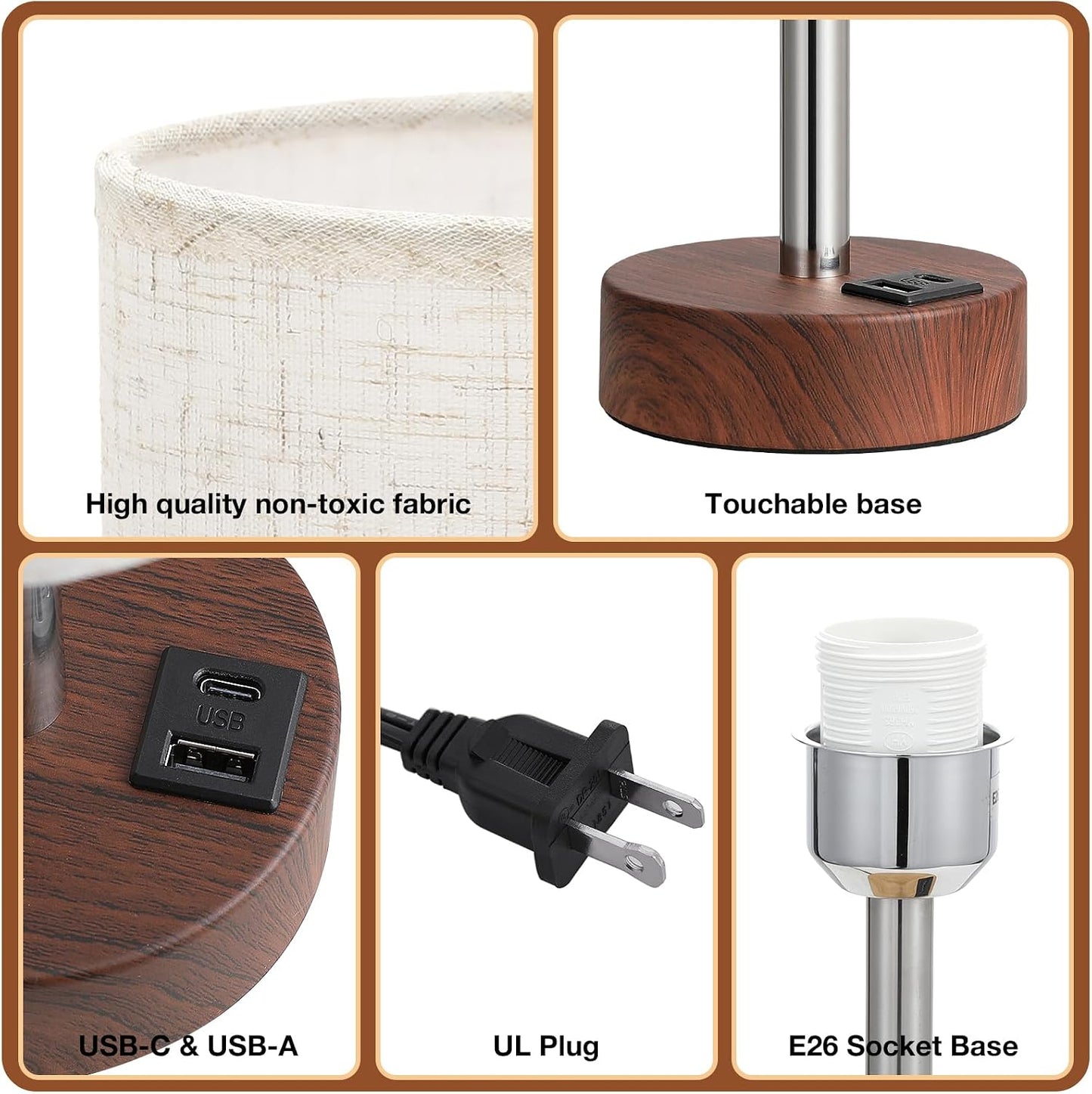Dicoool Touch Bedside Table Lamp with USB - 3 Way Dimmable Wood Lamp for Bedroom Nightstand, Desk Lamp with Charging Station for Dorm, Living Room, Office, Kids Room, Small, 14in