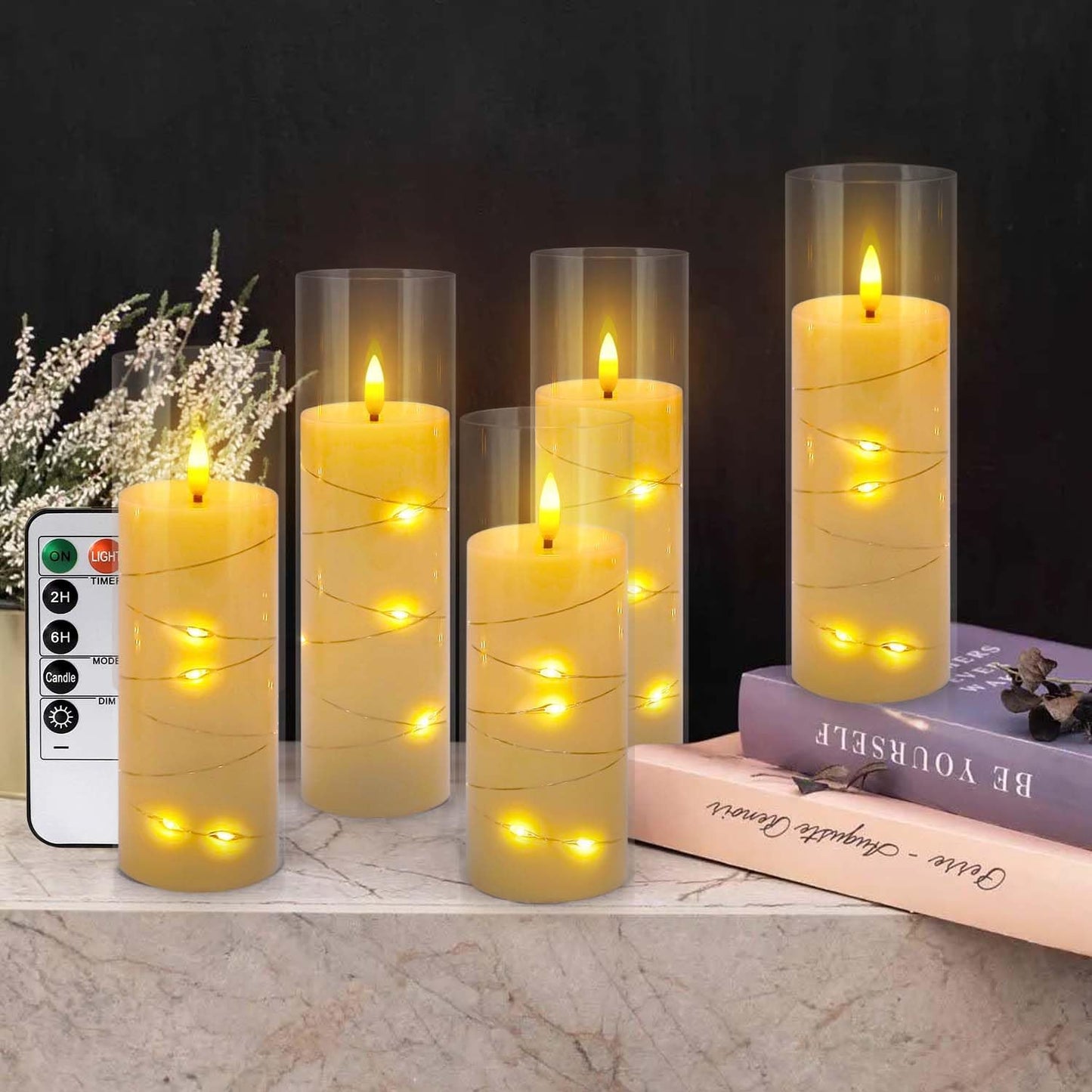 24 Pcs LED Flameless Candles with Remote, 3D Flickering Flame & LED String Lights, Acrylic Clear Cylinder, Timer Function, Romantic Ambience for Home Decor, Party, Wedding (Ivory).