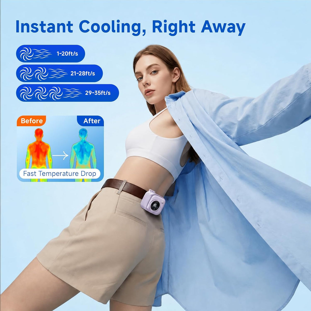 Portable Waist Fan, Rechargeable Wearable Fan w/ LED Display, 3 Speeds, 3000mAh Battery, 10H Runtime, Mini Turbo Airflow, Clip on Belt/Shirt/Hat, for Travel,Outdoor, Concert,Gift for Men Women-1 PACK