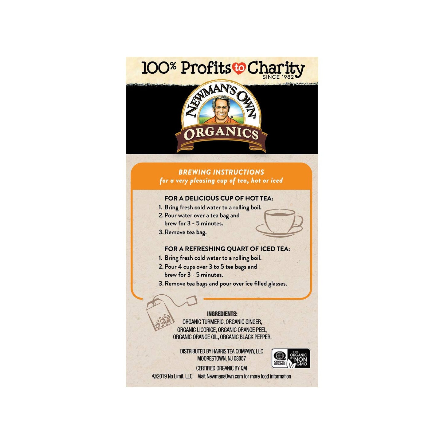 Newman's Own Organic Turmeric Ginger Herbal Tea, Caffeine-Free, Savory & Spicy Flavors Combined For The Perfect Cup Of Tea, 6 Pack Of 20 Tea Bags Individually Wrapped, 120 Teabags Total