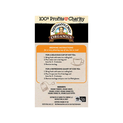Newman's Own Organic Turmeric Ginger Herbal Tea, Caffeine-Free, Savory & Spicy Flavors Combined For The Perfect Cup Of Tea, 6 Pack Of 20 Tea Bags Individually Wrapped, 120 Teabags Total